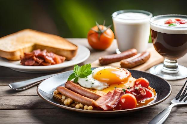 breakfast with eggs, sausage, sausage, and sausages on a table.