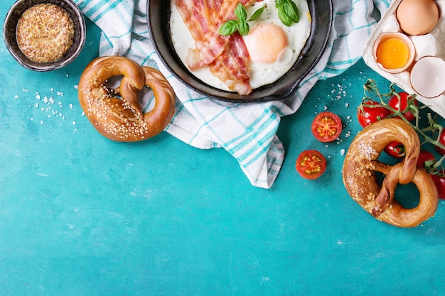 Breakfast with fried eggs and bacon