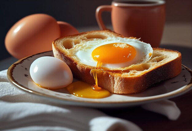 Breakfast with fried eggs on a white plate and cup of coffee