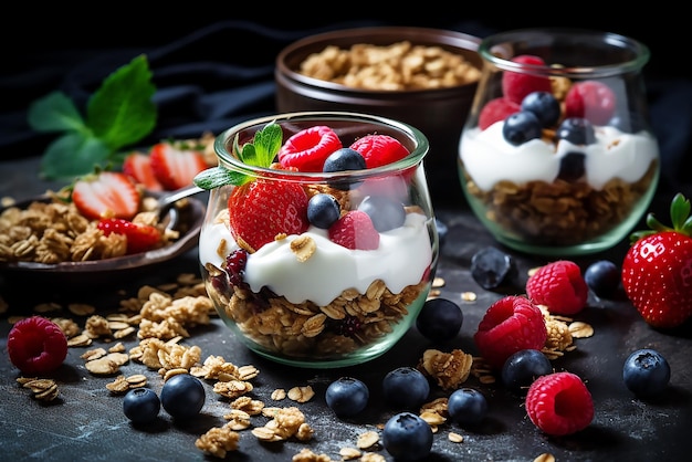 A breakfast with granola and berries on a table