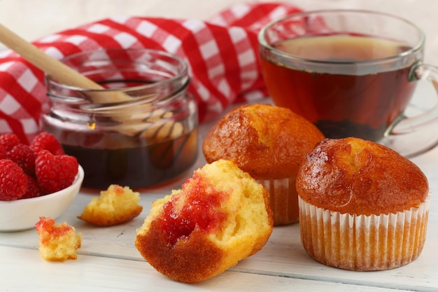 Breakfast with muffins Delicious pastries on the table