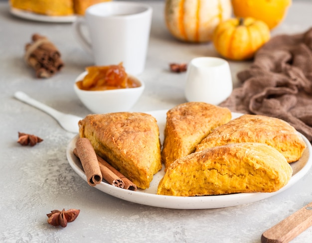 Breakfast with spicy pumpkin scones, a cup of tea and milk.