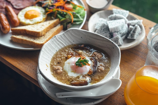 Breakfast on the wooden table at the cafe