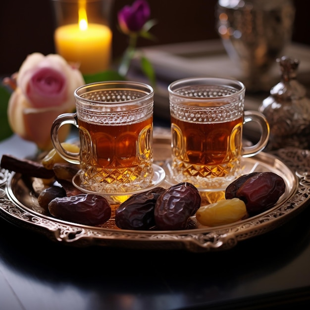 Breaking fasting with dried dates during Ramadan Kareem Iftar meal with dates and Arab tea in traditional glass angle view on rustic blue background Muslim feast