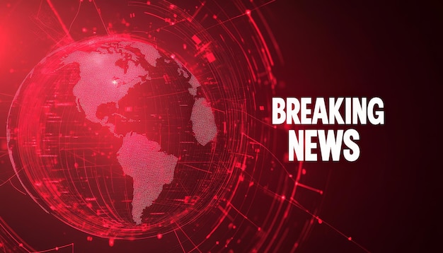 Photo breaking news graphic with red background and dark ribbon