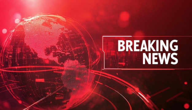 Photo breaking news graphic with red background and dark ribbon