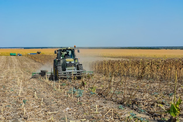 Breaking the post-harvest sunflower residues into the ground with a unit.