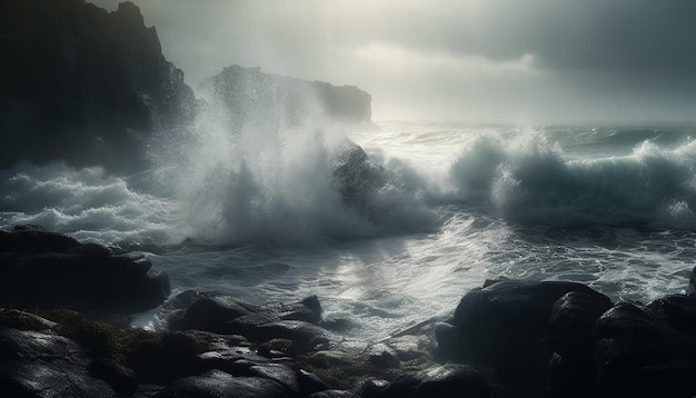 Breaking waves crash against rocky coastline awe inspiring beauty generated by AI