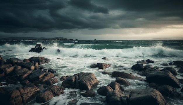 Breaking waves crash against rocky coastline at dusk generated by AI