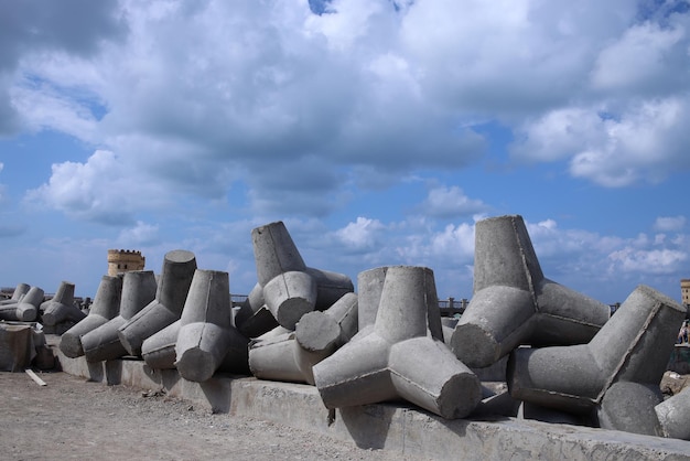 Breakwater blocks at the waterfront for waves protection.