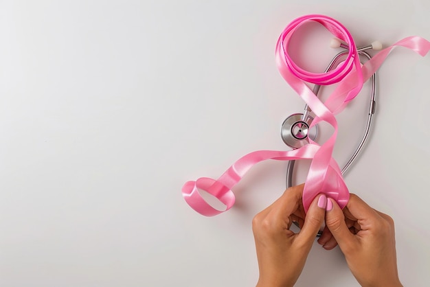 Breast cancer awareness month Hand holding pink ribbon and stethoscope