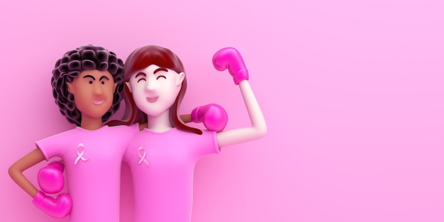 Breast cancer awareness month with cartoon girls, copy space