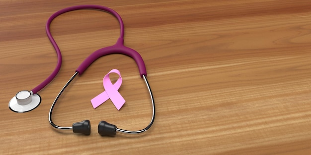 Breast cancer awareness ribbon pink color stethoscope on table wooden symbol healthy help disease hope woman female charity care campaign october month medical health care emblem flight treatment