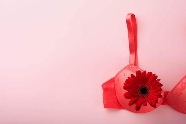 Breast Cancer Awareness Ribbon White and red bra gerberas with pink ribbon tape lying on female bra on backgrounds Breast cancer awareness and October Pink day world cancer day Top view Mock up