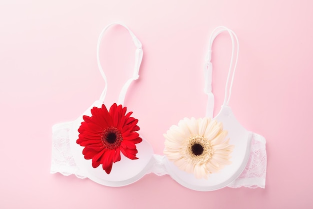 Breast Cancer Awareness Ribbon White and red bra gerberas with pink ribbon tape lying on female bra on backgrounds Breast cancer awareness and October Pink day world cancer day Top view Mock up