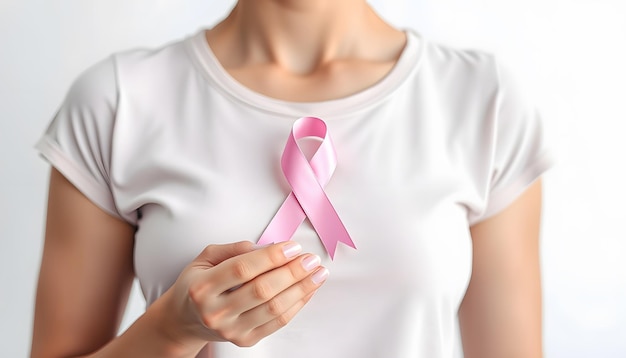 Breast cancer awareness ribbon Woman holding pink ribbon isolated with white highlights