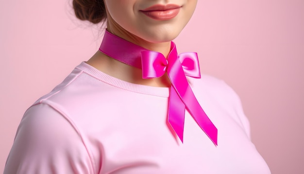 breast cancer awareness woman and pink ribbon and bow isolated with white highlights