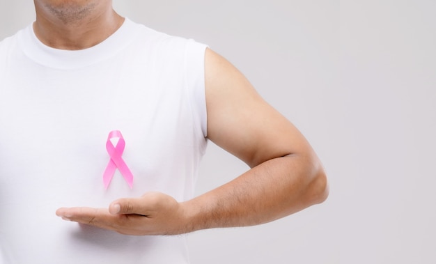 Breast cancer in men concept : Portrait Asian man and pink ribbon the symbol of breast cancer campaign. 