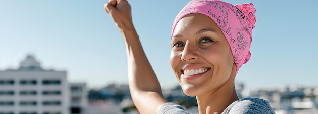 Photo breast cancer survivor in pink celebrating strength and awareness