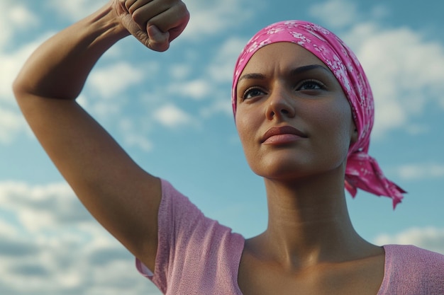 Photo breast cancer survivor raising her fist in victory