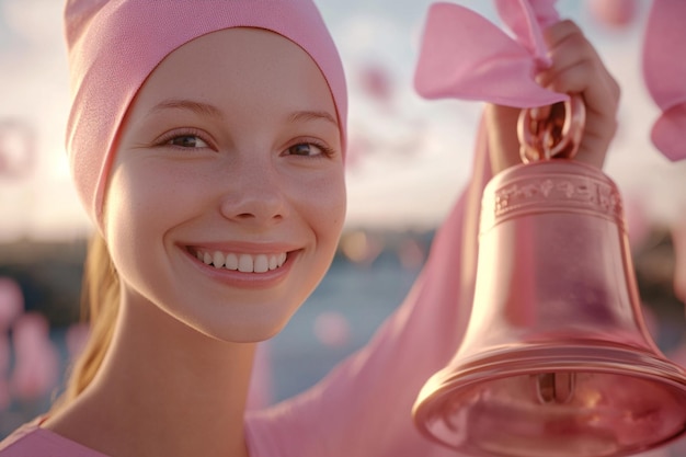 Photo breast cancer survivor smiling and ringing the vic