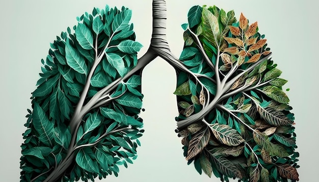 Breathing Life, Artistic Conceptual Illustration of Human Lungs Made of Tree Leaves