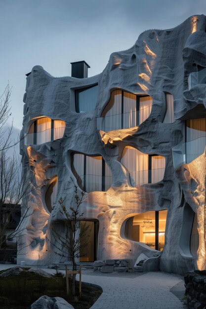 Photo breathtaking 3d printed layered facades of a modern architectural building at dusk with warm