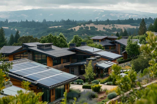 Photo a breathtaking aerial shot showcasing the elegance of solarpowered homes against natures backdrop