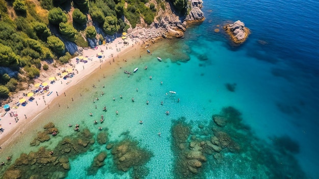 A breathtaking aerial snapshot of a lively idyllic beach during a sunsoaked summer day