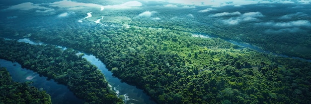 Photo breathtaking aerial view of amazon rainforest showcases rich plants winding river clear blue sky