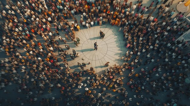 A breathtaking aerial view of a diverse crowd of young people gathering in a public space celebrati