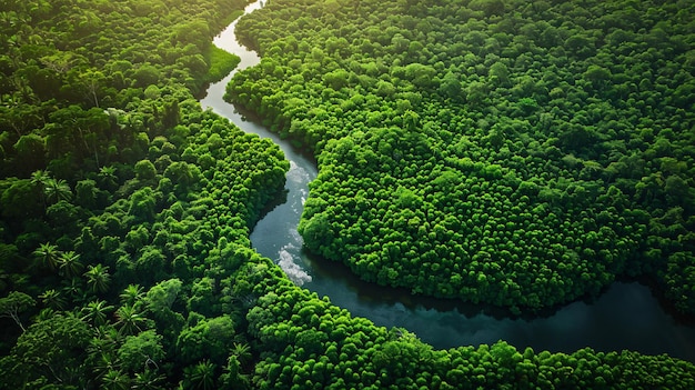 A breathtaking aerial view of a lush forest with a river winding through it