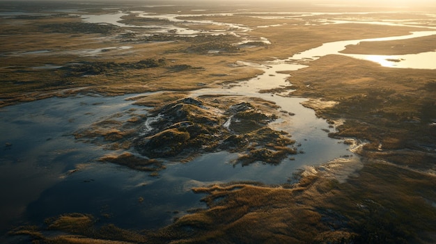 Photo breathtaking aerial view of serene wetlands at sunset