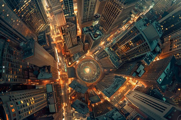 A breathtaking aerial view of a vibrant cityscape at night with illuminated streets and buildings creating a mesmerizing urban pattern