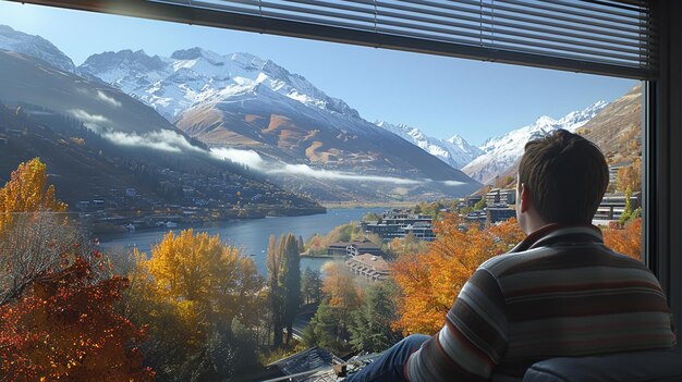 Photo breathtaking alpine lake view from modern home with autumn foliage and snowcapped mountains for seasonal and travel designs