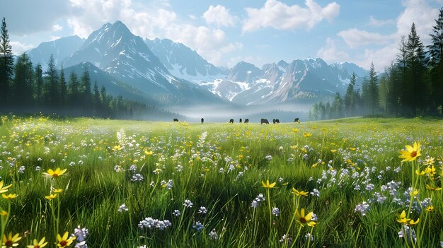 Photo breathtaking alpine meadow with snowcapped mountains and vibrant wildflowers