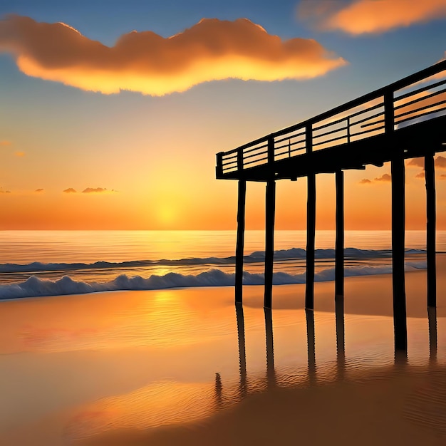 Breathtaking Beach Landscape with Wooden Pier in Sunset