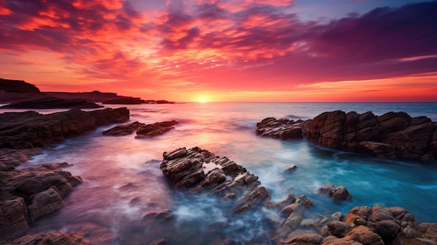 Breathtaking Coastal Sunset A vivid and colorful sunset over the sea creating