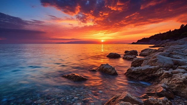 Breathtaking Coastal Sunset A vivid and colorful sunset over the sea creating