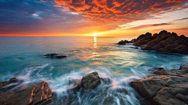 Breathtaking Coastal Sunset A vivid and colorful sunset over the sea creating