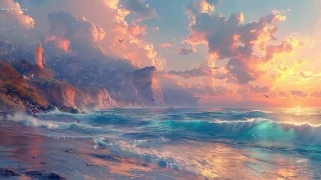 Breathtaking Coastal Sunset with Majestic Cliffs and Crashing Waves