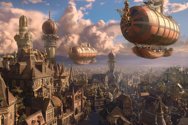 Breathtaking digital artwork of an intricate steampunk city with floating airships against a sunset sky