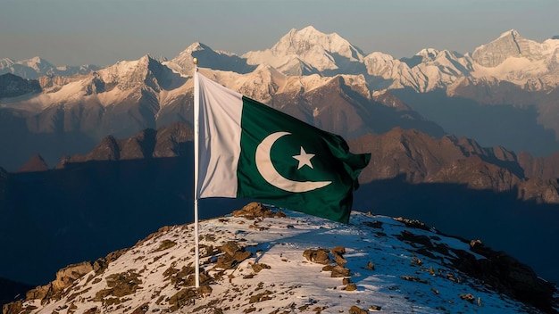 A breathtaking drone shot of the Pakistani flag unfurled on a mountain peak symbolizing the country