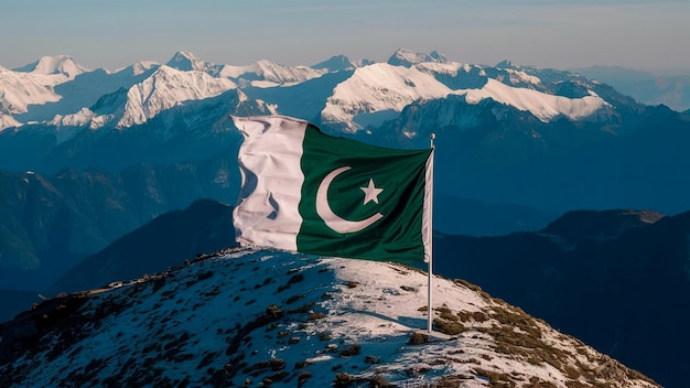 A breathtaking drone shot of the Pakistani flag unfurled on a mountain peak symbolizing the country