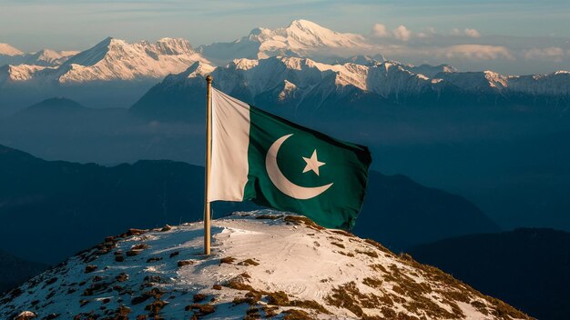 A breathtaking drone shot of the Pakistani flag unfurled on a mountain peak