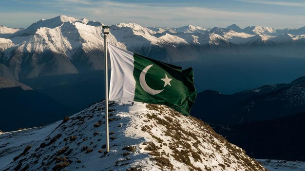 Photo a breathtaking drone shot of the pakistani flag unfurled on a mountain peak