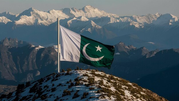 A breathtaking drone shot of the Pakistani flag unfurled on a mountain peak