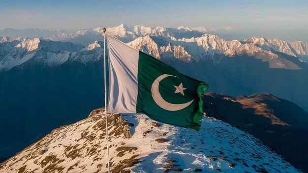 A breathtaking drone shot of the Pakistani flag unfurled on a mountain peak