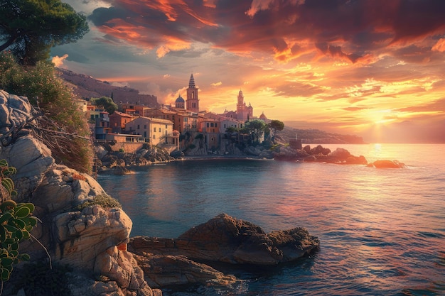 Breathtaking European Coastline with Historic Buildings and a Wonderful Sunset Sky