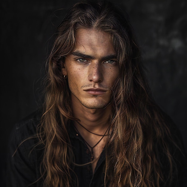 Breathtaking featuring portrait of male singer with long hair dark background studio photography